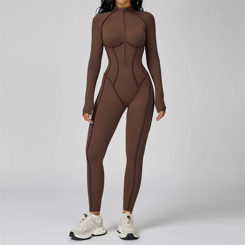 TRY TO BN Gym Jumpsuit Half Zipper Sports Stripe Fitness Bodysuit One-Piece Workout Activewear Tights Woman Suits Yoga Clothing