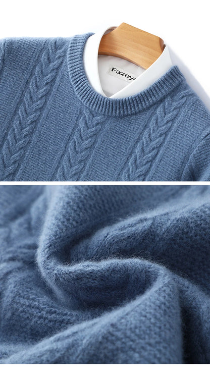 100% Merino Wool Sweater Men's Round Neck Thickened Tops Autumn Winter New Soft Warm Casual Solid Color Knitted Pullover