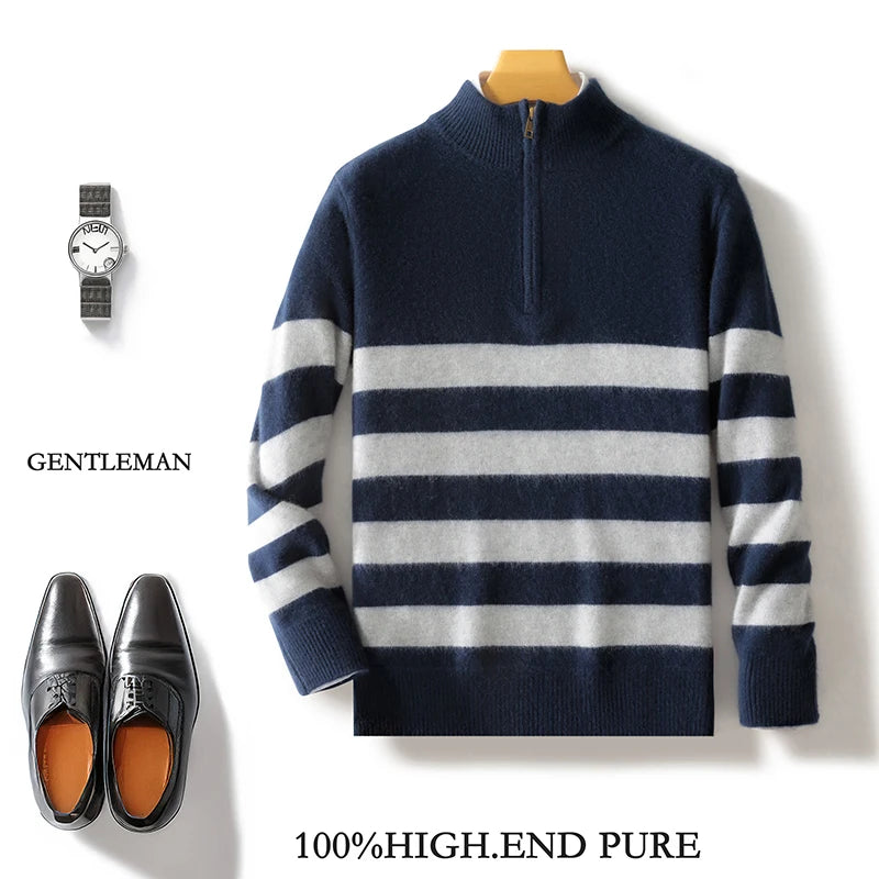 Men's 100% Merino Wool Sweater Half-high Collar Half Zip Thick Pullover Autumn Winter Cashmere Stripe Knitwear Long Sleeved Tops
