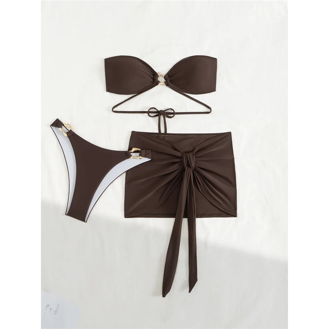 New Bandeau With Skirt Bikini Women Swimwear Female Swimsuit Three-pieces Bikini set High Leg Cut Bather Bathing Suit Swim V6264