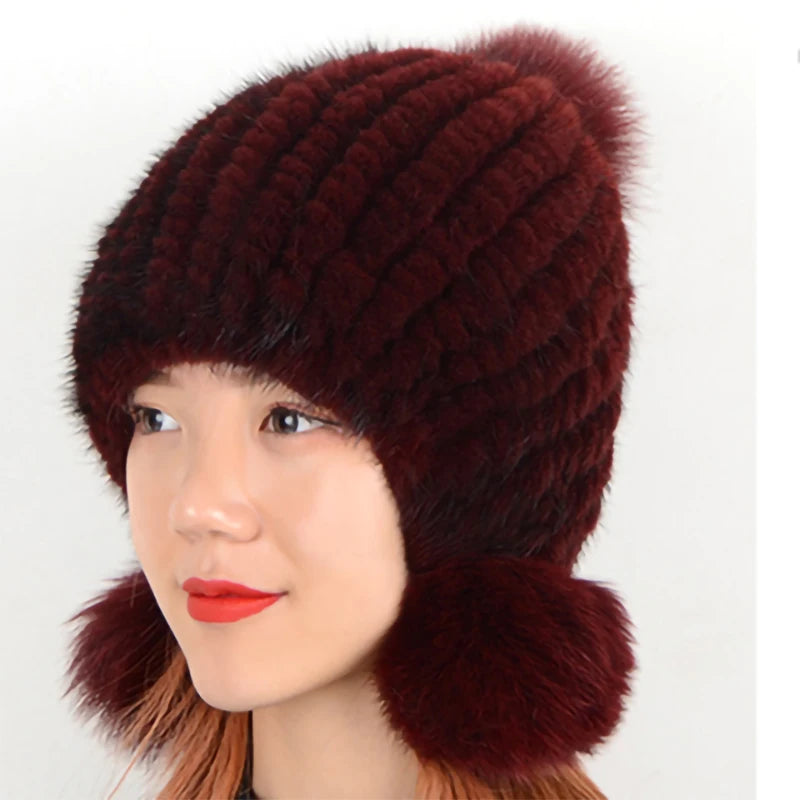 Fashion Women Real mink hat Winter warm mink fur knit hats Women fox fur ball cap