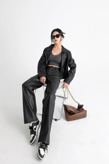 BIVIGAOS Fall Winter Fleece Loose Wide Leg Warm Leather Pants Women Button Pocket High Waist Thick PU Casual Straight Pants