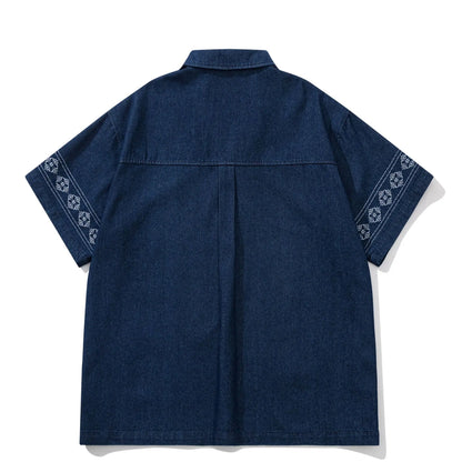 Summer Japanese Retro Ethnic Style Embroidered Denim Men's and Women's Short Sleeved Shirts, Loose Five Quarter Sleeved Workwear