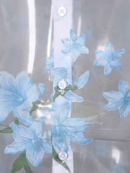 DEAT Fashion Floral Print Sheer Organza Shirt Women's Lapel Loose Light Blue Blouse Summer New