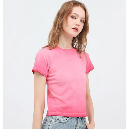 Female 240GSM Gradient Washed Custom LOGO Solid Slim  T-Shirt Soft Cotton Streetwear Casual Short Sleeve Cool Retro For Women