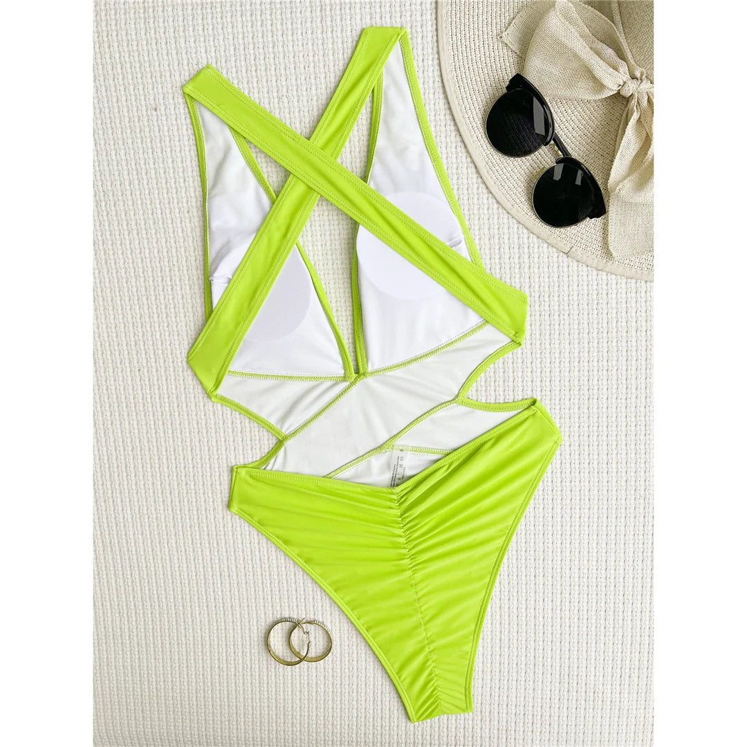 S - XL Deep V Neck Cross Back One Piece Swimsuit Women Swimwear Female High Leg Cut Scrunch Butt Bather Bathing Suit Swim V5723