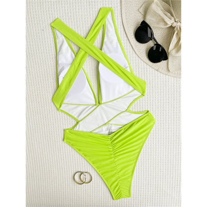 S - XL Deep V Neck Cross Back One Piece Swimsuit Women Swimwear Female High Leg Cut Scrunch Butt Bather Bathing Suit Swim V5723
