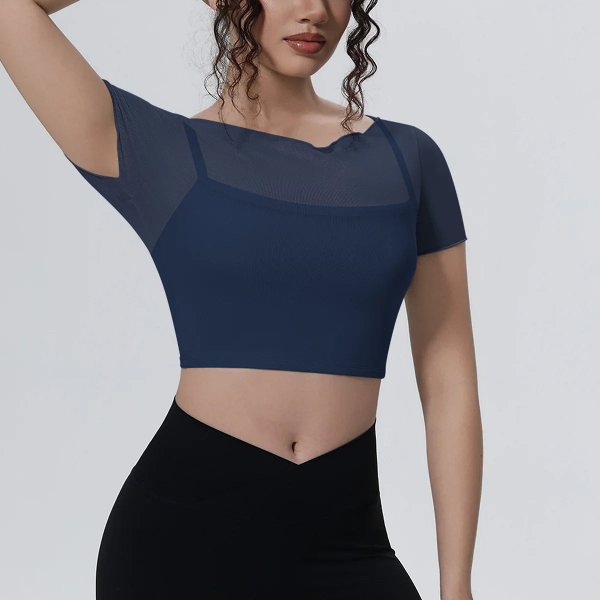 Hearuisavy Women's Mesh Short Sleeve Yoga Top With Padded Bra Fake Two Piece Gym Clothing Quick Dry Sports Crop Top Fitness Top