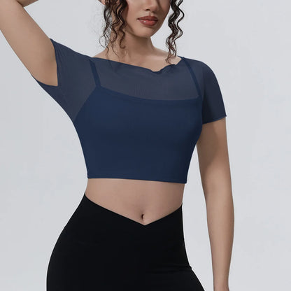 Hearuisavy Women's Mesh Short Sleeve Yoga Top With Padded Bra Fake Two Piece Gym Clothing Quick Dry Sports Crop Top Fitness Top
