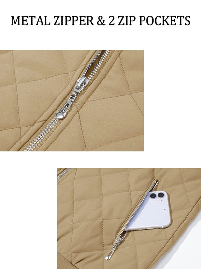 TACVASEN Padded Warm Jackets Womens Fashion Retro Pilot bomber Jackets Diamond Quilted Coats Full Zip Up Pockets Casual Outwear
