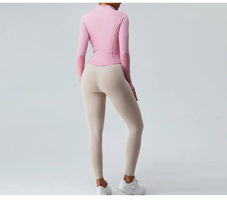 Gym Shirt Women's Full Zipper Yoga Top With Thumbholes Fitness Running Jacket Stretch Fit Long Sleeve Round Neck Top Sportswear