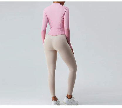 Gym Shirt Women's Full Zipper Yoga Top With Thumbholes Fitness Running Jacket Stretch Fit Long Sleeve Round Neck Top Sportswear