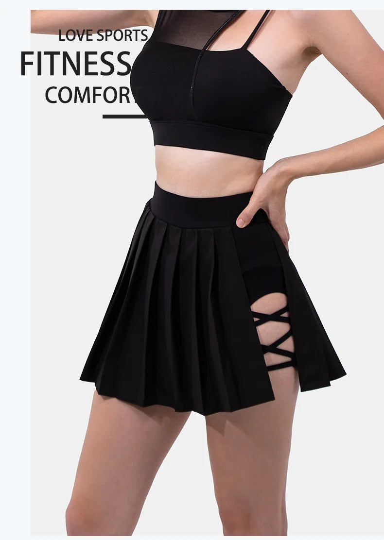Safe Tennis Skirts with Pocket Shorts Gym Bandage Cross Running Sport Pleated Pantskirt Fitness High Waist Running Yoga Skort