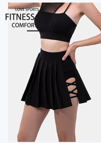 Safe Tennis Skirts with Pocket Shorts Gym Bandage Cross Running Sport Pleated Pantskirt Fitness High Waist Running Yoga Skort