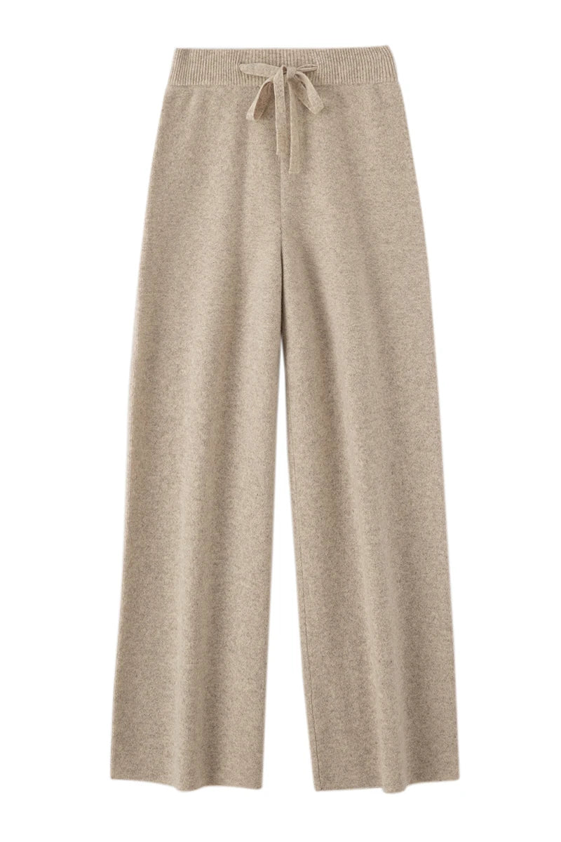 Autumn Winter Fashion Basic Women 100% Merino Wool Wide Leg Pants  Simple Style Cashmere Knitted Trousers Loose Casual Pants