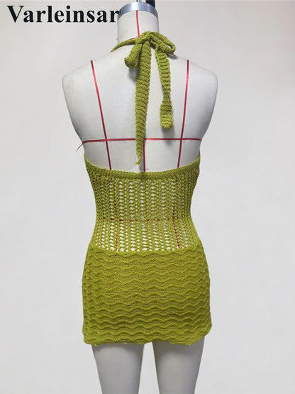 S - XL Halter V Neck Backless Crochet Knitted Tunic Beach Cover Up Cover-ups Beach Dress Beach Wear Beachwear Female Women V8238