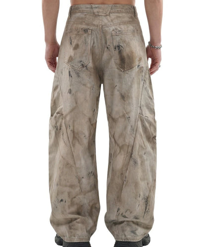 Custom LOGO men's 270G pure cotton high street retro casual pants scimitar denim texture mud yellow old loose wide-leg pants