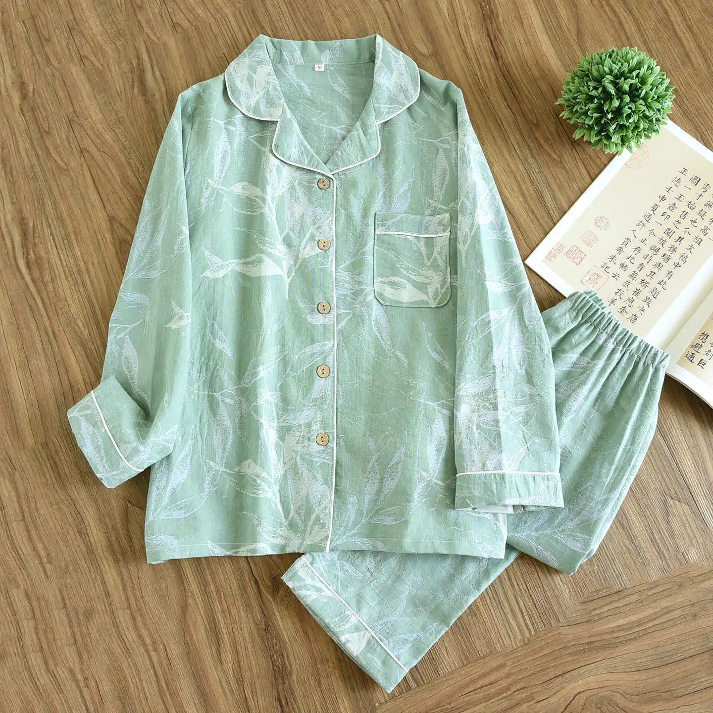 2026 new spring and summer women's pajamas suit long-sleeved trousers two-piece 100% cotton crepe flower leaves home clothes