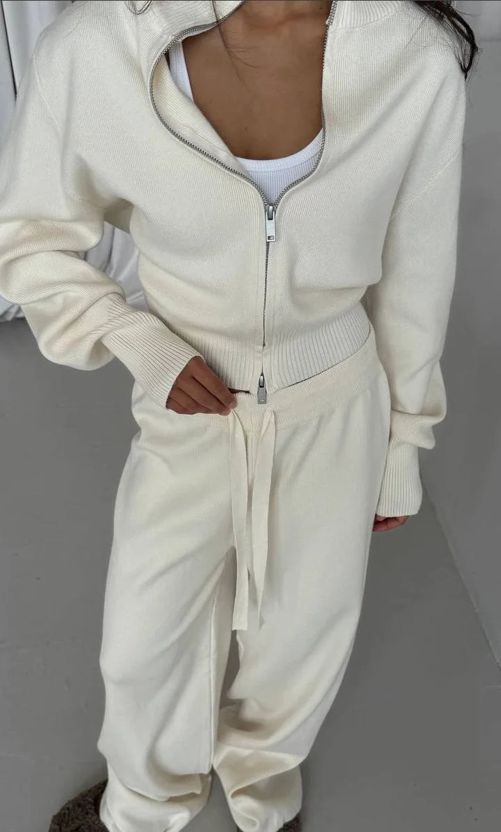 Women Cotton Knitted Cardigan Wide Leg Pants Suit Autumn and Winter Lady  Fashion Loose Daily Office Jacket Straight Pants 2Pcs