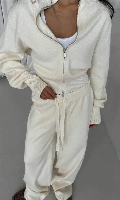 Women Cotton Knitted Cardigan Wide Leg Pants Suit Autumn and Winter Lady  Fashion Loose Daily Office Jacket Straight Pants 2Pcs