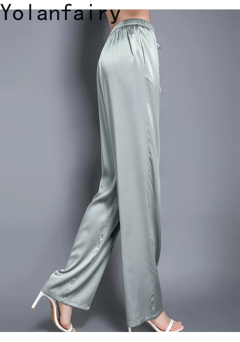 YOLANFAIRY Casual Wide Leg Pants Summer 95% Real Mulberry Silk Women's Pants Korean Loose Trousers Woman Silk Pants Full Length