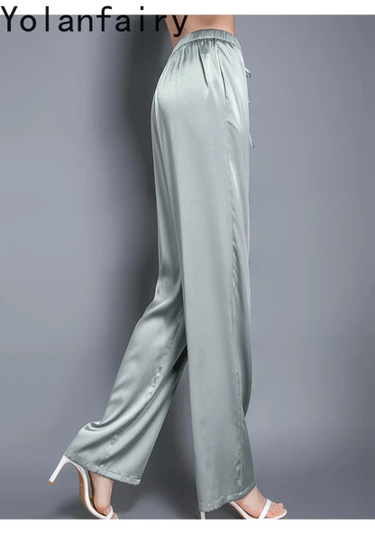 YOLANFAIRY Casual Wide Leg Pants Summer 95% Real Mulberry Silk Women's Pants Korean Loose Trousers Woman Silk Pants Full Length