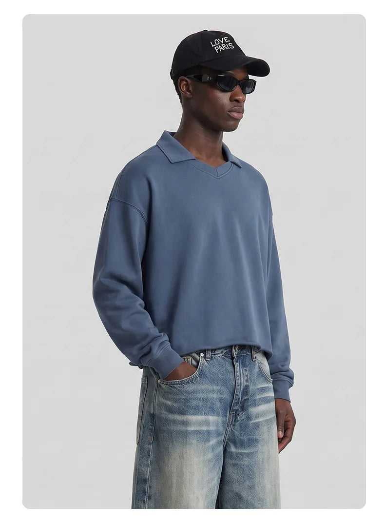 Custom LOGO men's clothing 380G old money wind 100% cotton BOXY short and wide washed old small V-neck curling terry sweater