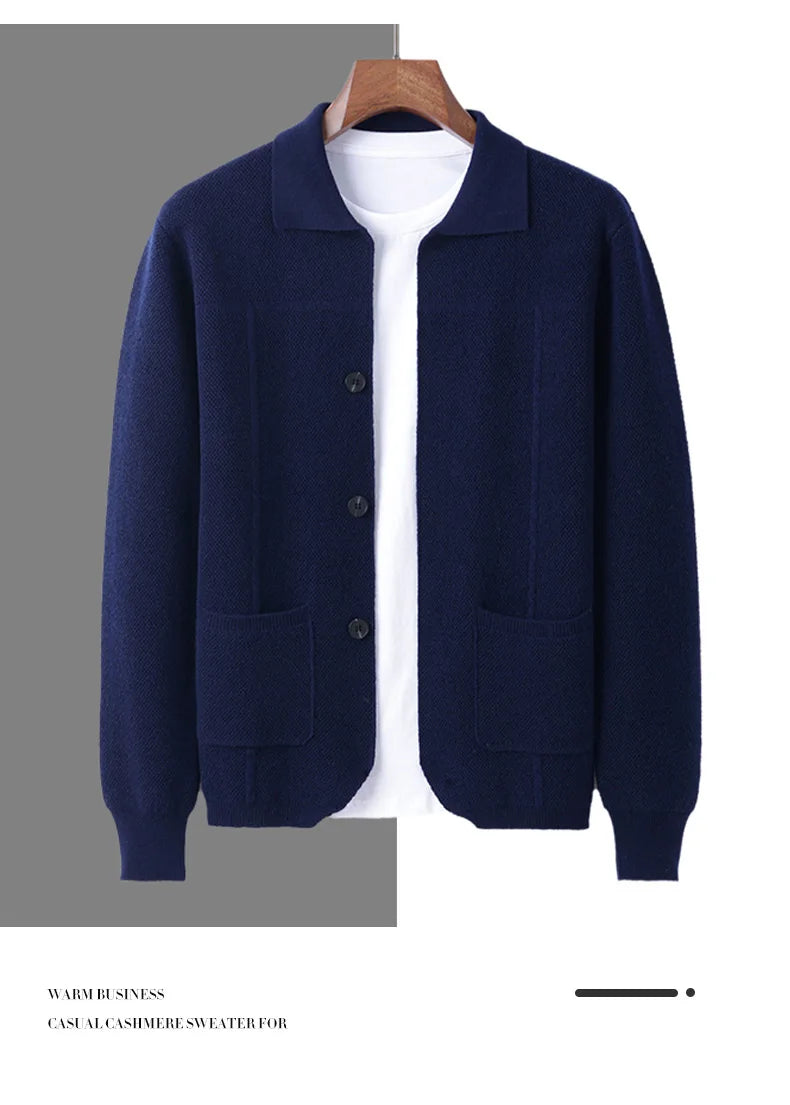 100% Merino Wool Men's Lapel Collar Knit Cardigan Autumn Winter Thicken Solid Color POLO Neck Suit Shirt Cashmere Jacket Sweater