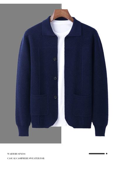 100% Merino Wool Men's Lapel Collar Knit Cardigan Autumn Winter Thicken Solid Color POLO Neck Suit Shirt Cashmere Jacket Sweater