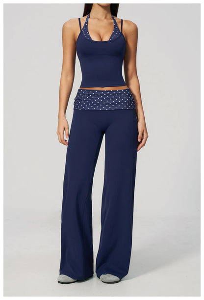 Custom LOGO women's sports trousers retro splicing polka dots folded waist fitness hip lift abdomen yoga trousers