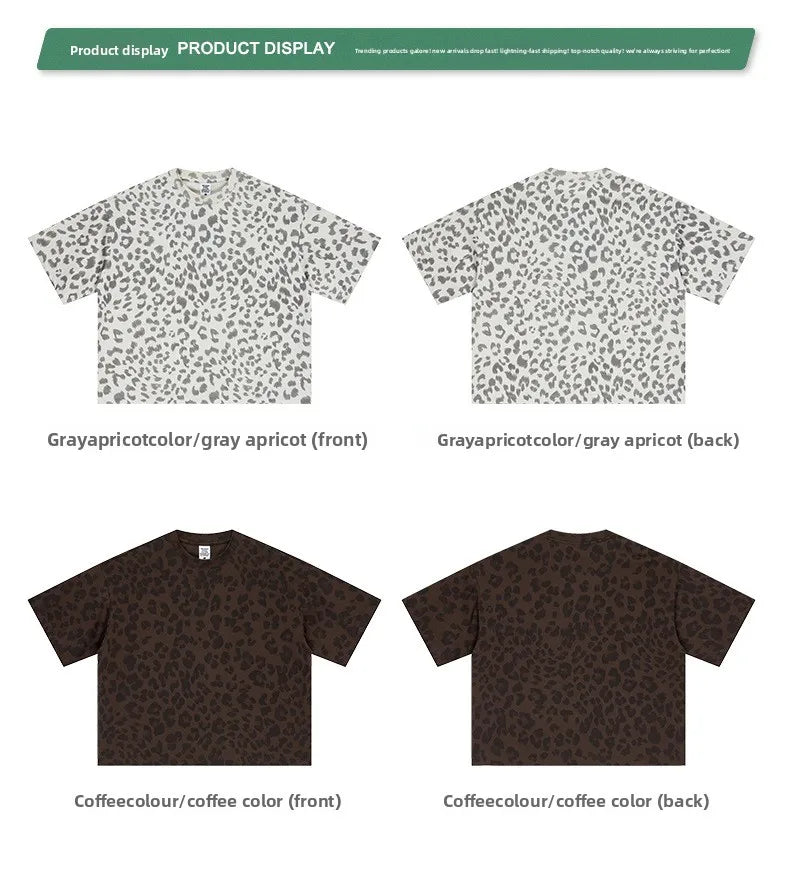 Custom LOGO men's new summer 240G cotton polyester American retro BOXY leopard print short-sleeved T-shirt casual loose top