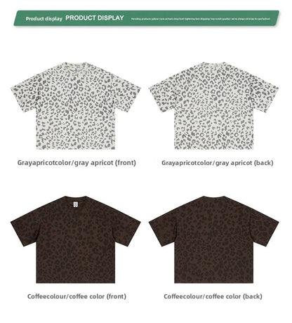 Custom LOGO men's new summer 240G cotton polyester American retro BOXY leopard print short-sleeved T-shirt casual loose top
