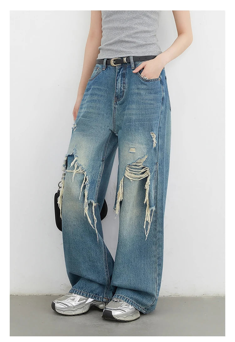 CHIC VEN Women Jeans Loose Casual High Waisted Wide Leg Ripped Rough Edge Denim Pants Female Trousers Spring Autumn 2025