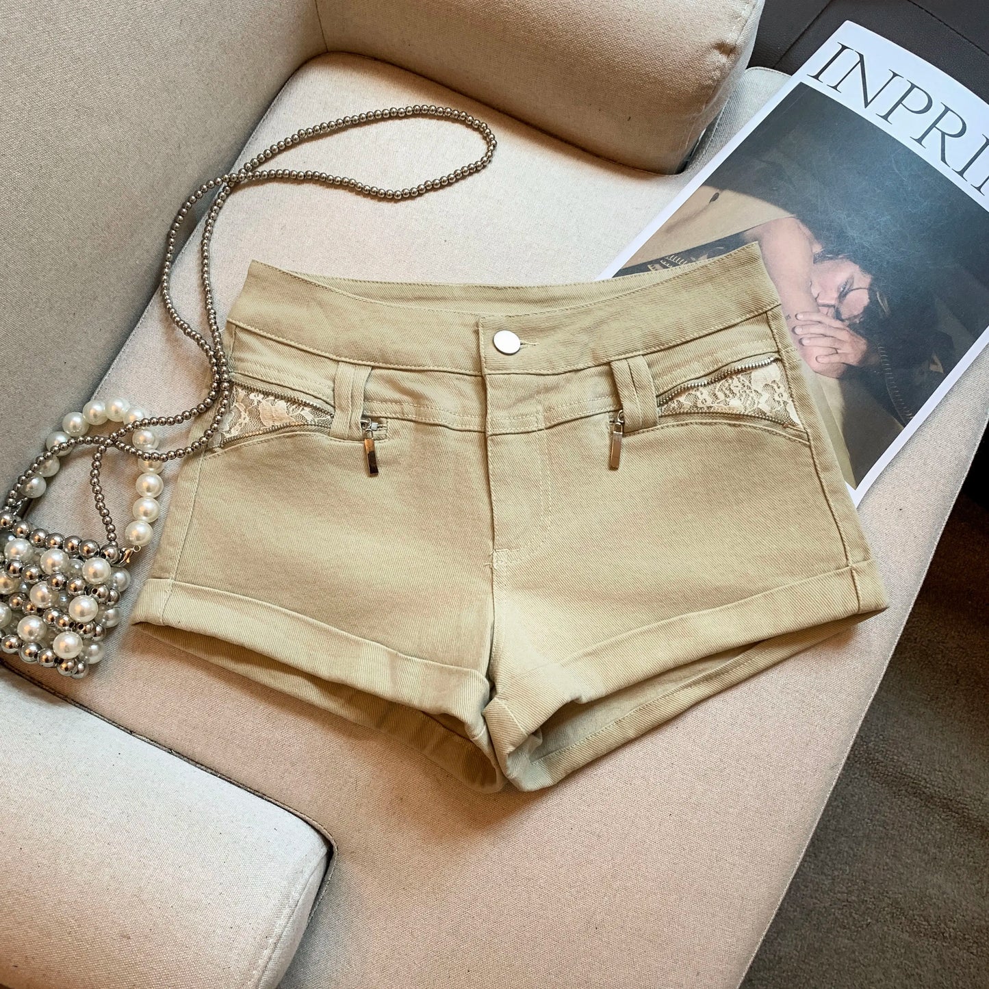 DEAT Fashion Casual Cargo Shorts Women's Khaki Lace Pocket Trim High Waist Daily Streetwear Hot Pants Summer New 7A3928