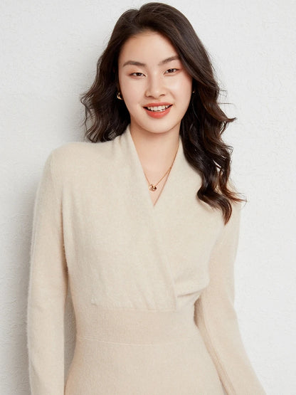 CHICUU Women 100% Cashmere Dresses V-neck Waist Cinching Dresses Autumn Winter Office Lady Grace Luxury Cashmere Knitwear