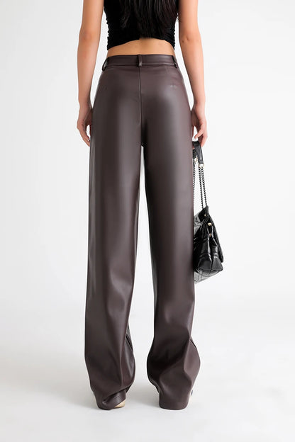 BIVIGAOS Fall Winter Fleece Loose Wide Leg Warm Leather Pants Women Button Pocket High Waist Thick PU Casual Straight Pants