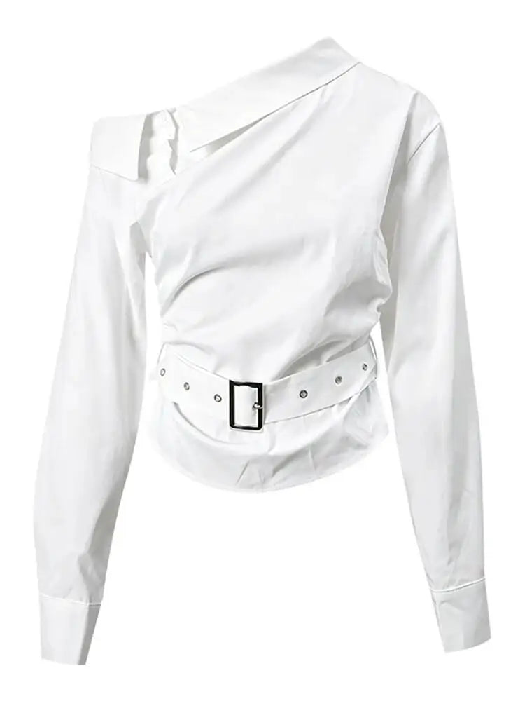 DEAT Fashion Belted Waist Shirt Women's One Shoulder Asymmetrical Collar Long Sleeve White Blouse Sumemr New