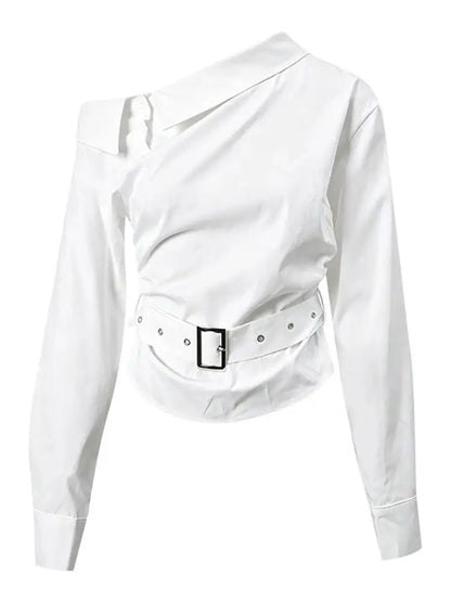 DEAT Fashion Belted Waist Shirt Women's One Shoulder Asymmetrical Collar Long Sleeve White Blouse Sumemr New