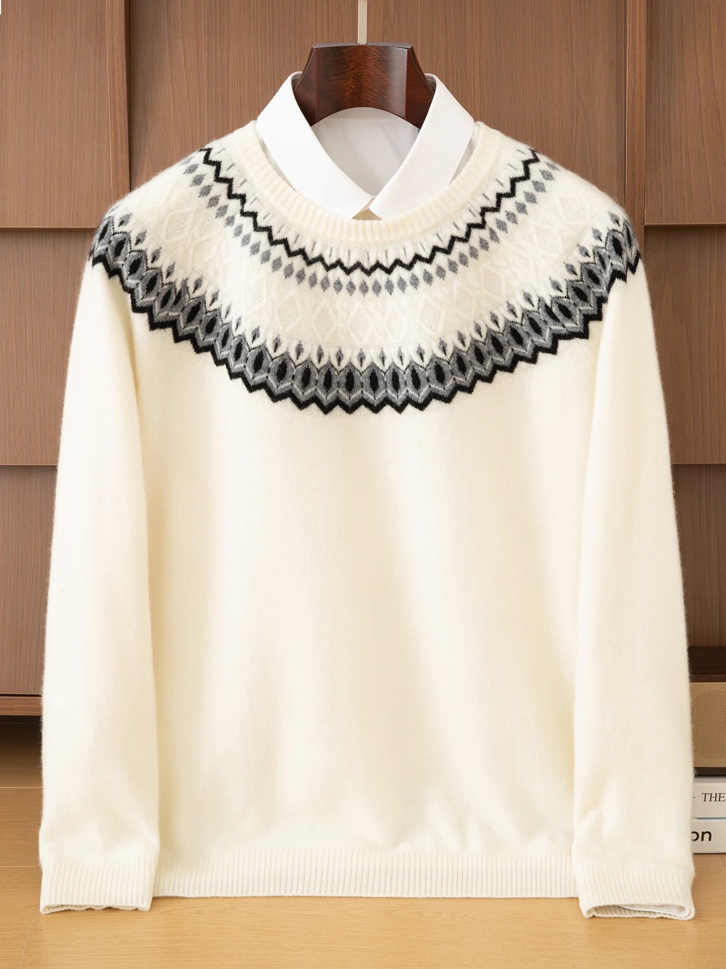 Autumn Winter 100%Wool Knit Pullover Men's O-Neck Color Block Sweater Jumper Fashion Thicken Loose Tops Clothing Warm Base Shirt
