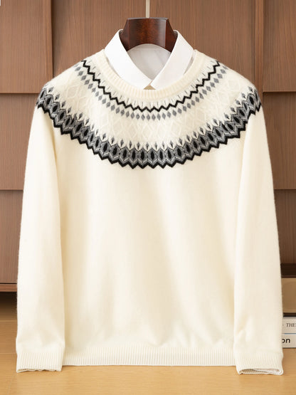 Autumn Winter 100%Wool Knit Pullover Men's O-Neck Color Block Sweater Jumper Fashion Thicken Loose Tops Clothing Warm Base Shirt