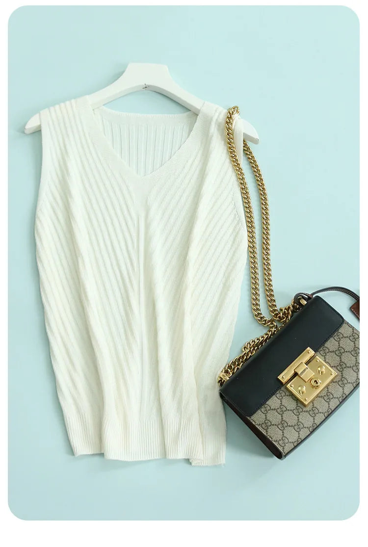 SuyaDream. Women Knitted Tanks, 45%Silk 55%Lyocell, V neck, Sleeveless Chic T Shirt, 2025 Solid Summer Vests