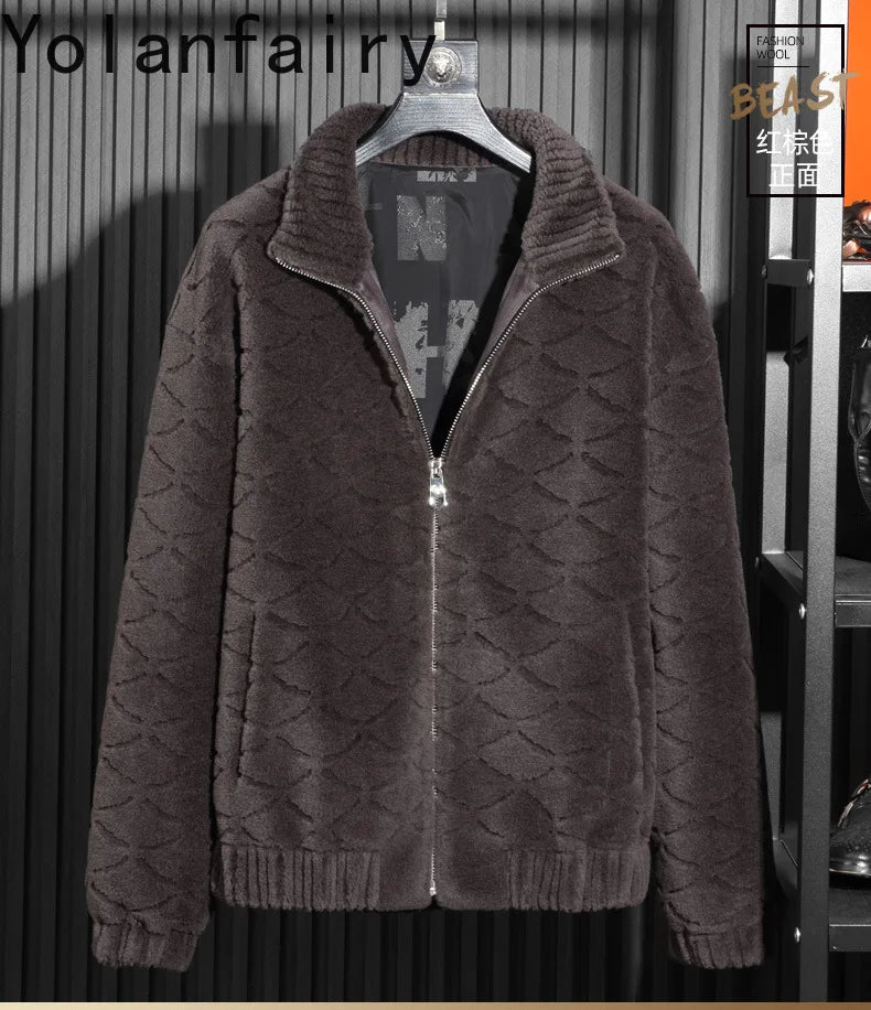 YOLANFAIRY Winter 100% Sheep Shearing Jacket Man Clothing Fashion Stand Collar Granular Lamb Fur Coat Men's Jackets chaqueta