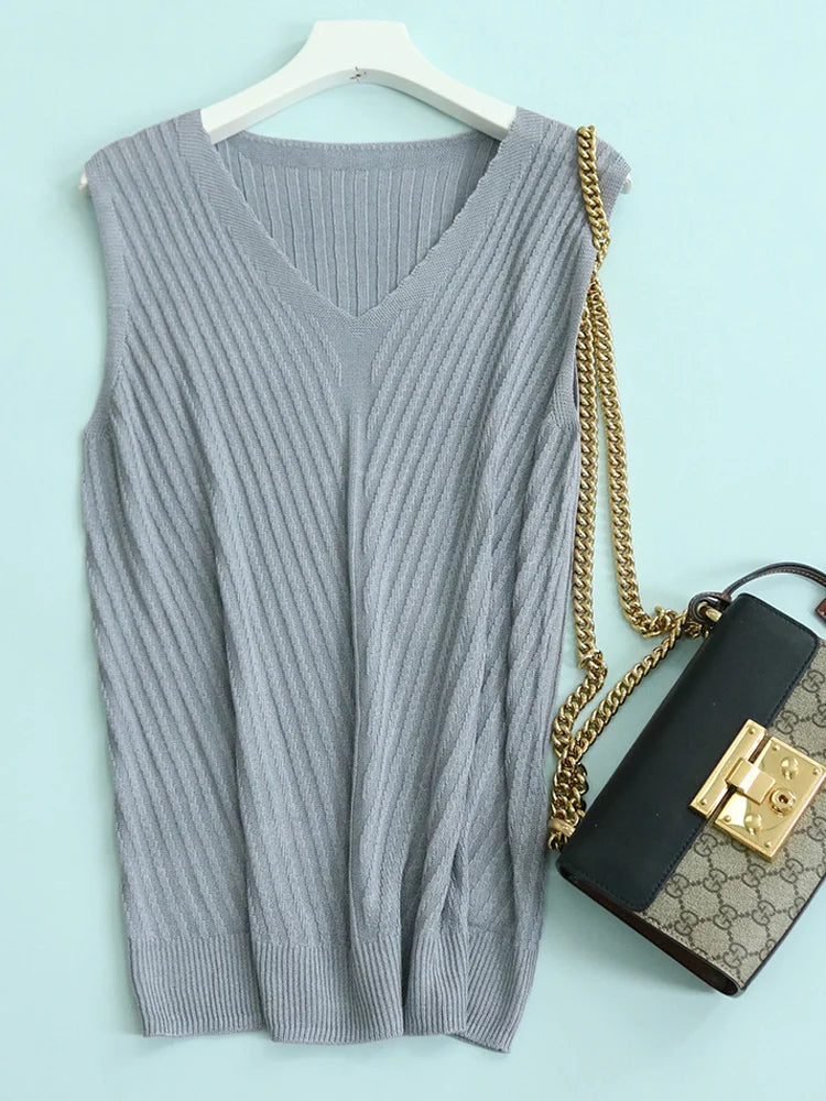 SuyaDream. Women Knitted Tanks, 45%Silk 55%Lyocell, V neck, Sleeveless Chic T Shirt, 2025 Solid Summer Vests