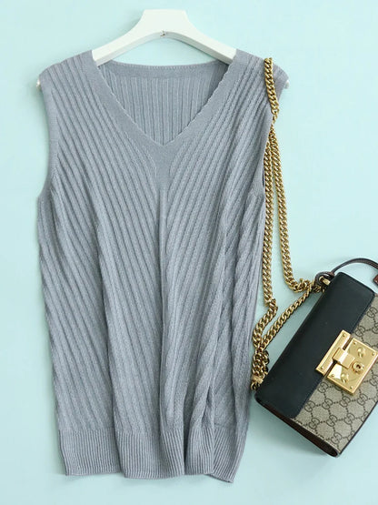 SuyaDream. Women Knitted Tanks, 45%Silk 55%Lyocell, V neck, Sleeveless Chic T Shirt, 2025 Solid Summer Vests