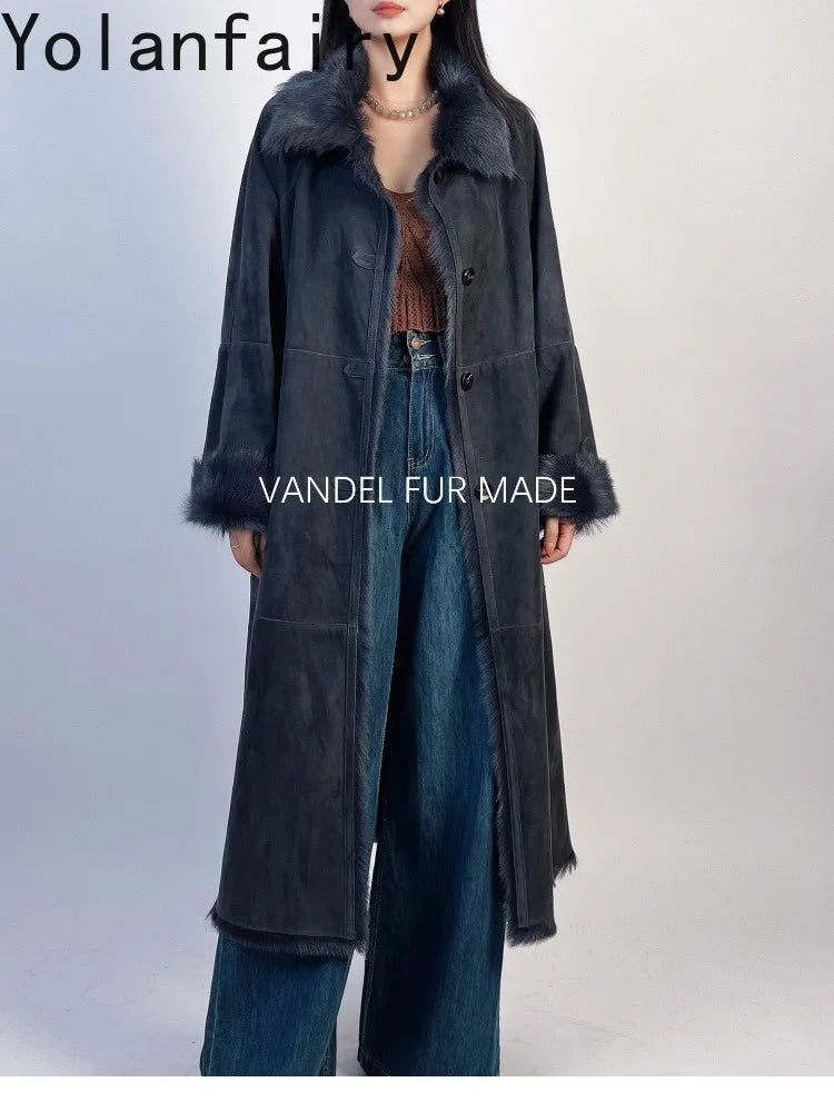YOLANFAIRY Real Goatskin Leather Fur Coats for Women Winter High-end Natural Fur Coat Lazy Style Long Leather Jacket Luxury Wear