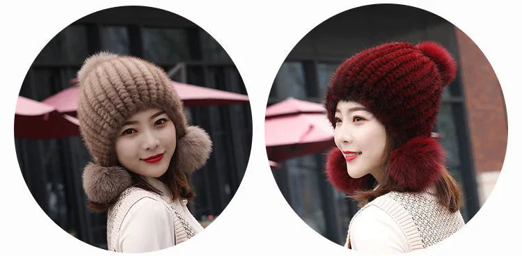 Fashion Women Real mink hat Winter warm mink fur knit hats Women fox fur ball cap