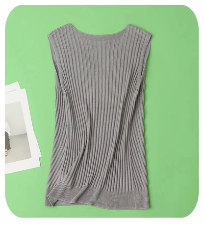 SuyaDream. Women Knitted Tanks, 45%Silk 55%Lyocell, V neck, Sleeveless Chic T Shirt, 2025 Solid Summer Vests