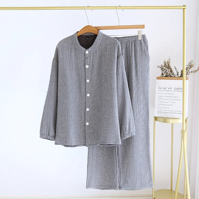 2026 Spring and Autumn New Couple Pajama Set 100% Pure Cotton Crepe Cloth Men's and Women's Stand up Neck Simple Home Clothing