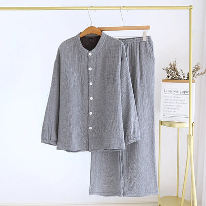 2026 Spring and Autumn New Couple Pajama Set 100% Pure Cotton Crepe Cloth Men's and Women's Stand up Neck Simple Home Clothing