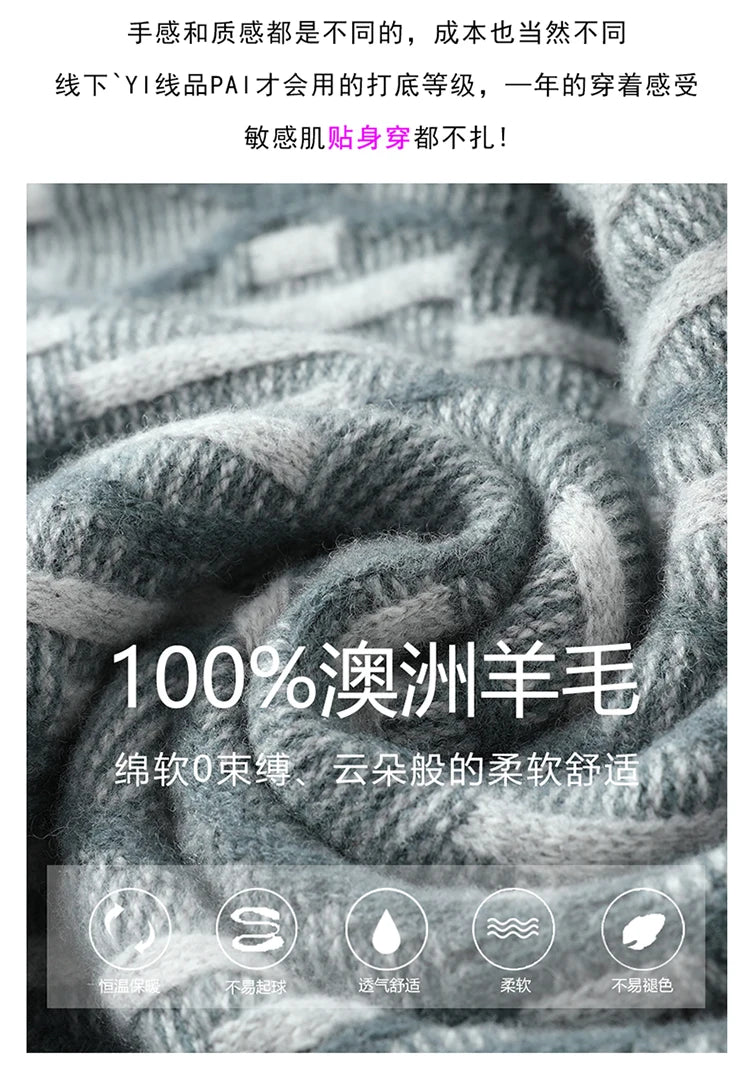 New 100% Pure Wool Cashmere Men's Mock-Neck Pullover Autumn And Winter Color Matching Top Casual Thick Fashion Large Size Jacket